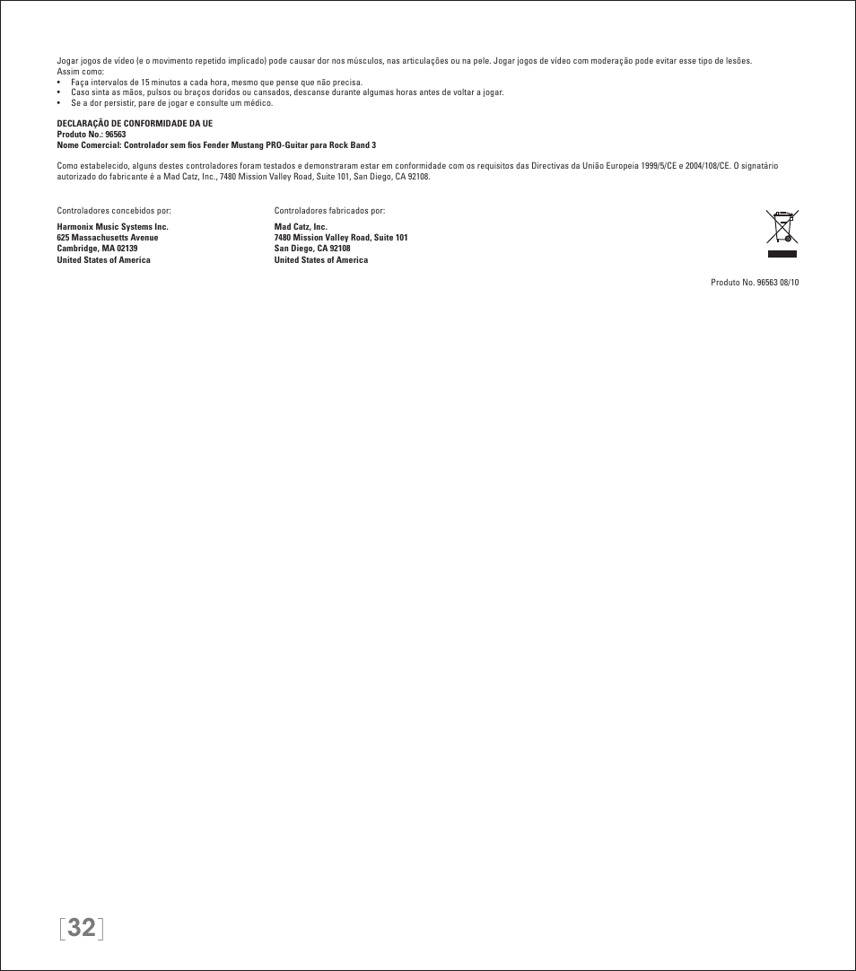 Rock Band Wireless Fender Mustang PRO-Guitar Controller Rock Band 3-Nintendo Wii User Manual | Page 32 / 32