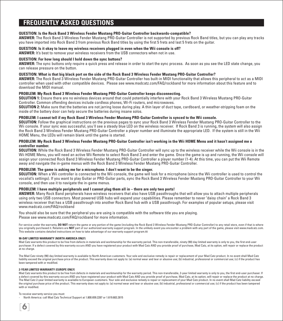 Frequently asked questions | Rock Band Wireless Fender Mustang PRO-Guitar Controller Rock Band 3-Nintendo Wii User Manual | Page 6 / 32