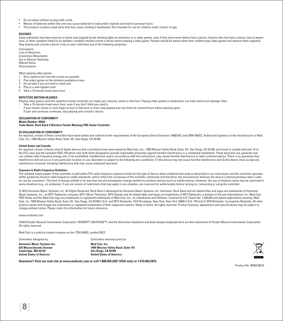 Rock Band Wireless Fender Mustang PRO-Guitar Controller Rock Band 3-Nintendo Wii User Manual | Page 8 / 32