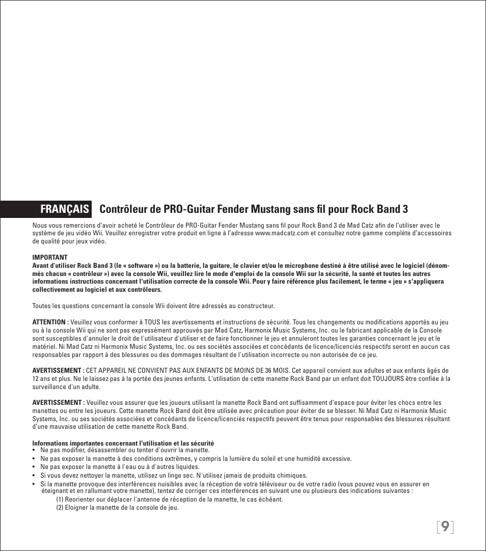 Rock Band Wireless Fender Mustang PRO-Guitar Controller Rock Band 3-Nintendo Wii User Manual | Page 9 / 32