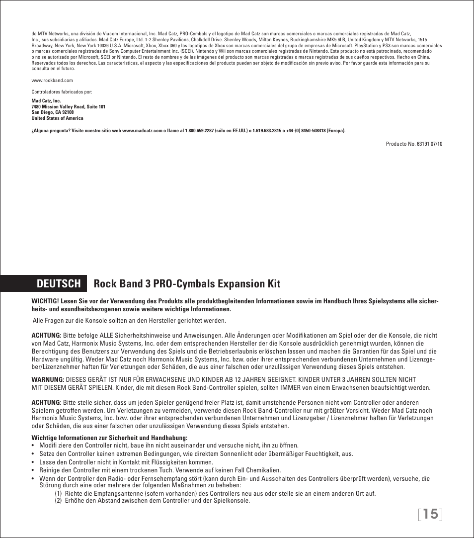 Deutsch rock band 3 pro-cymbals expansion kit | Rock Band PRO-Cymbals Expansion Kit Rock Band 3-Nintendo Wii User Manual | Page 15 / 31