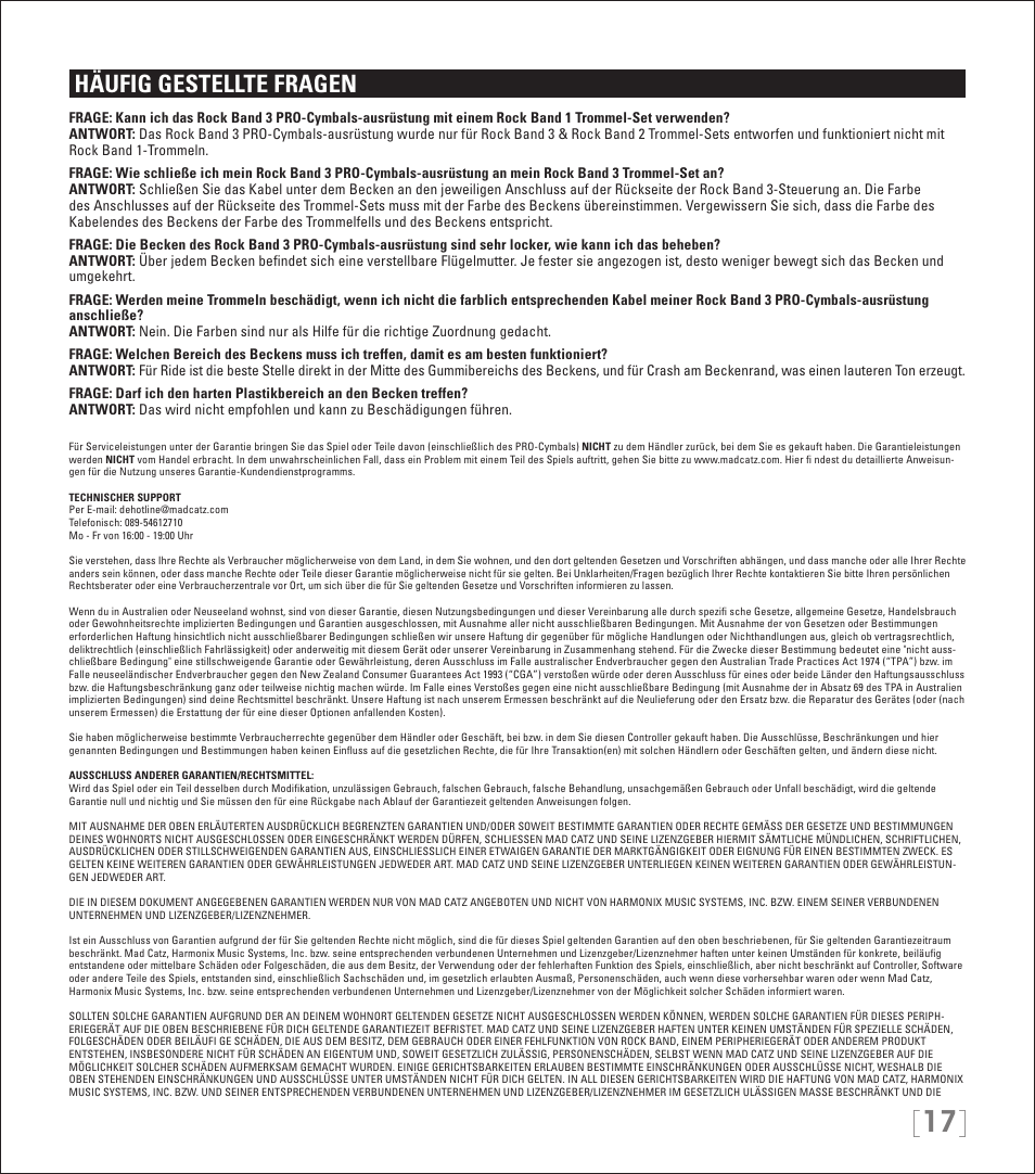 Häufig gestellte fragen | Rock Band PRO-Cymbals Expansion Kit Rock Band 3-Nintendo Wii User Manual | Page 17 / 31