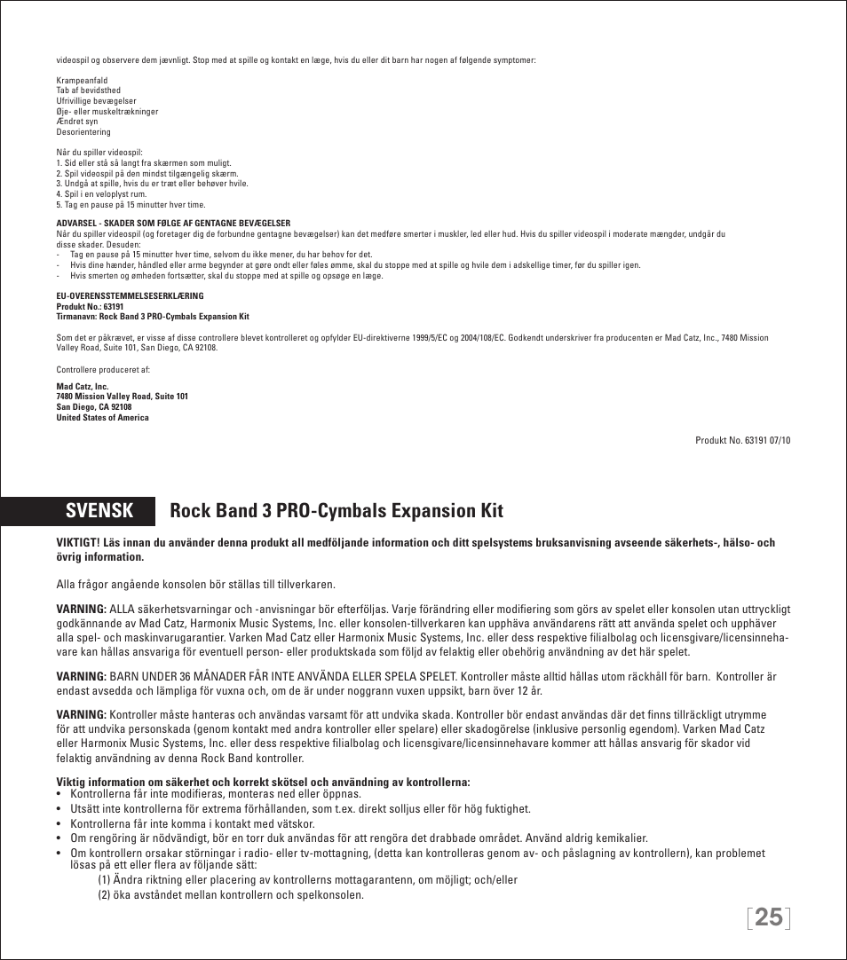 Svensk rock band 3 pro-cymbals expansion kit | Rock Band PRO-Cymbals Expansion Kit Rock Band 3-Nintendo Wii User Manual | Page 25 / 31