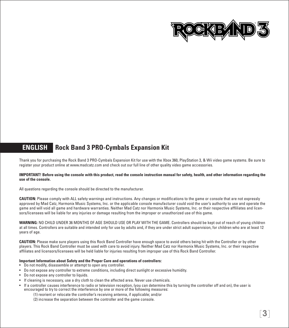 English rock band 3 pro-cymbals expansion kit | Rock Band PRO-Cymbals Expansion Kit Rock Band 3-Nintendo Wii User Manual | Page 3 / 31