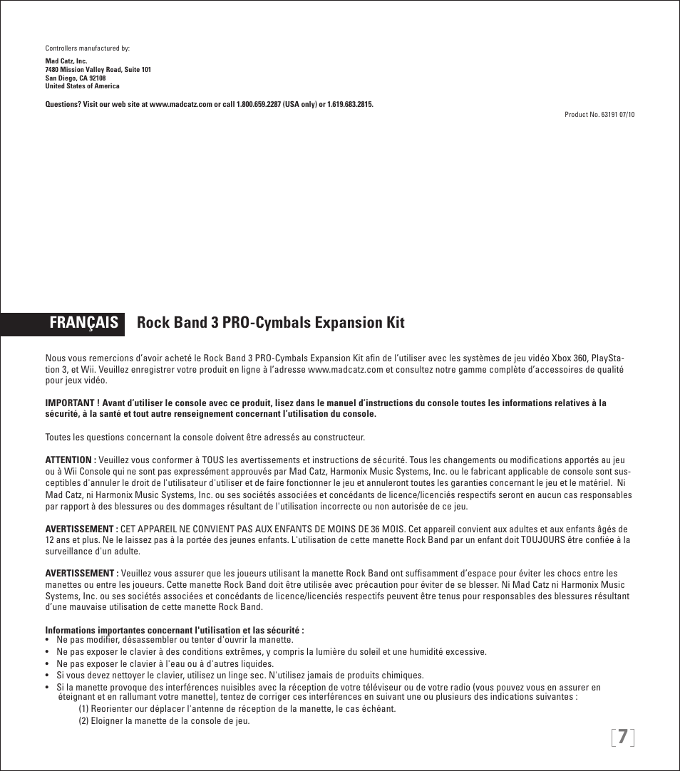 Français rock band 3 pro-cymbals expansion kit | Rock Band PRO-Cymbals Expansion Kit Rock Band 3-Nintendo Wii User Manual | Page 7 / 31