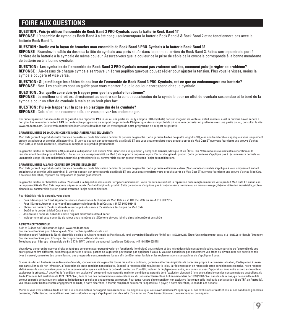 Foire aux questions | Rock Band PRO-Cymbals Expansion Kit Rock Band 3-Nintendo Wii User Manual | Page 9 / 31