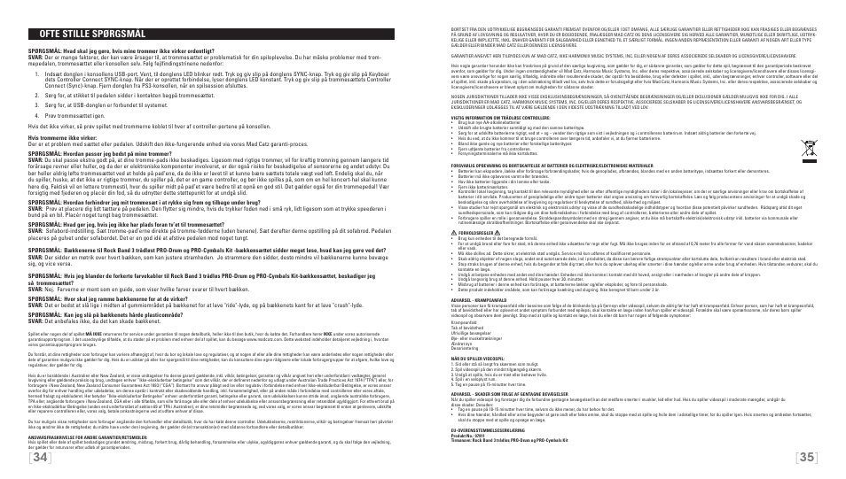 Ofte stille spørgsmål | Rock Band Wireless PRO-Drum and PRO-Cymbals Kit Rock Band 3-PlayStation-3 User Manual | Page 18 / 24