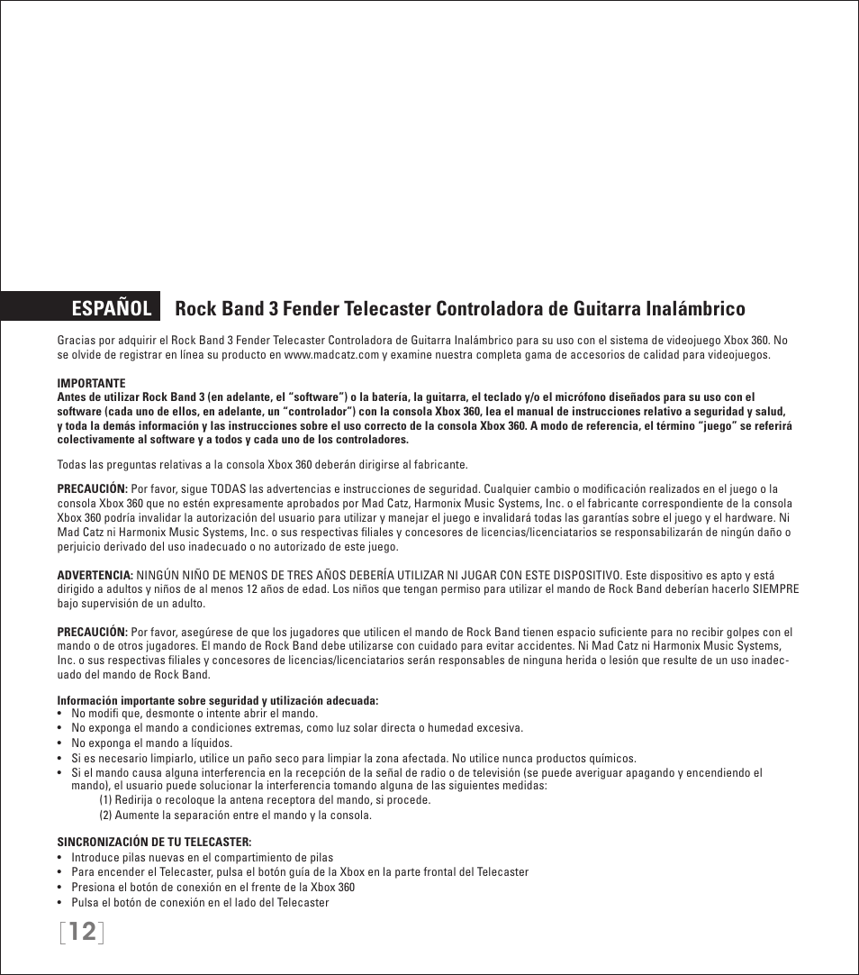 Rock Band Wireless Fender Telecaster Guitar Controller Rock Band 3-Xbox 360 User Manual | Page 12 / 29