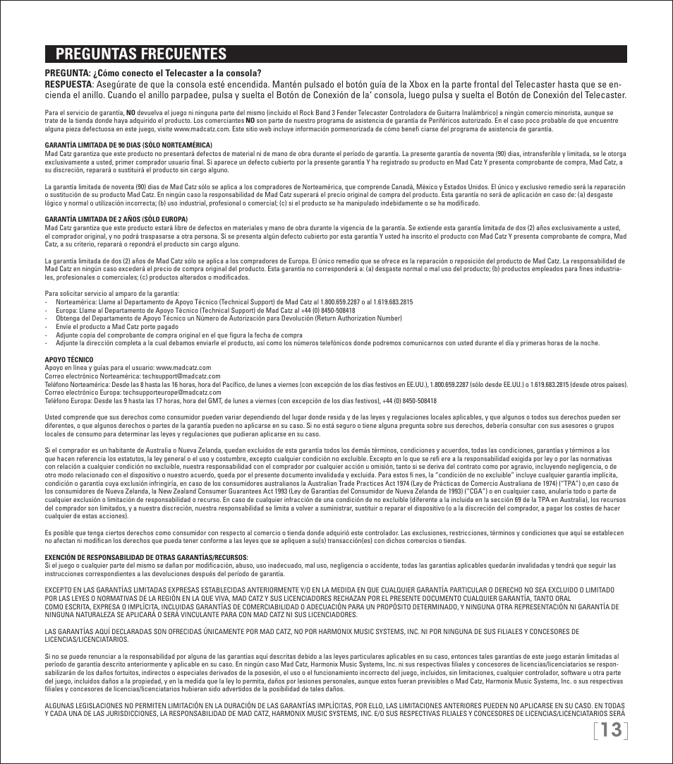 Preguntas frecuentes | Rock Band Wireless Fender Telecaster Guitar Controller Rock Band 3-Xbox 360 User Manual | Page 13 / 29