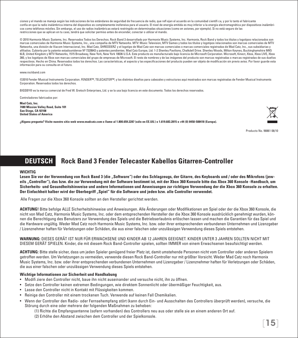 Rock Band Wireless Fender Telecaster Guitar Controller Rock Band 3-Xbox 360 User Manual | Page 15 / 29