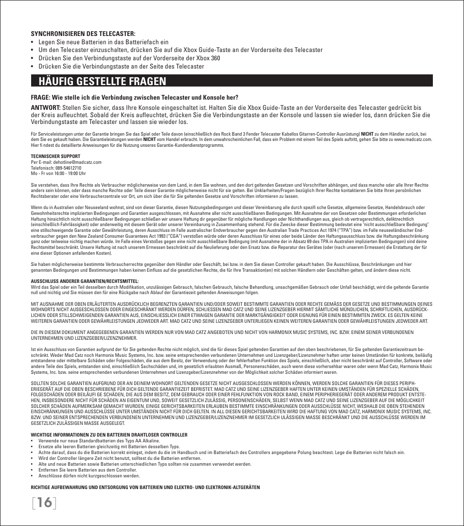 Häufig gestellte fragen | Rock Band Wireless Fender Telecaster Guitar Controller Rock Band 3-Xbox 360 User Manual | Page 16 / 29