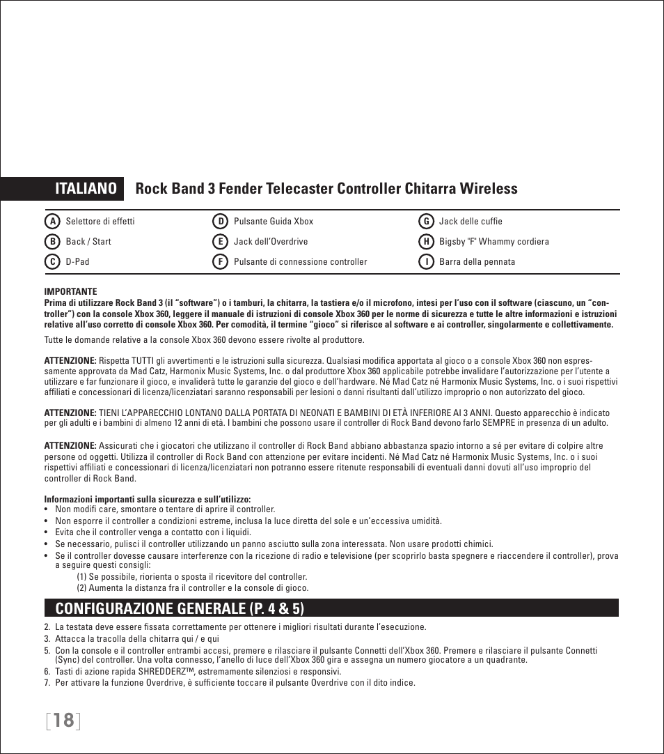 Configurazione generale (p. 4 & 5) | Rock Band Wireless Fender Telecaster Guitar Controller Rock Band 3-Xbox 360 User Manual | Page 18 / 29