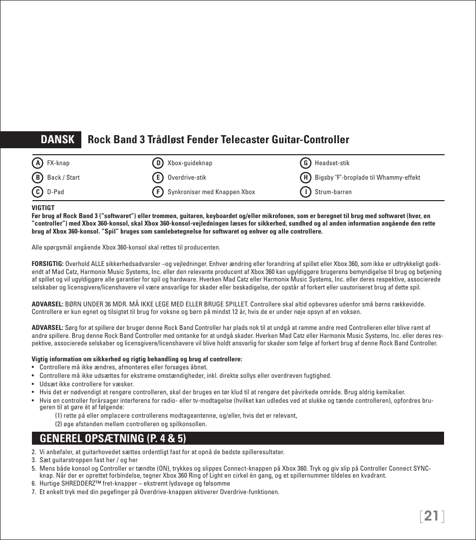 Generel opsætning (p. 4 & 5) | Rock Band Wireless Fender Telecaster Guitar Controller Rock Band 3-Xbox 360 User Manual | Page 21 / 29