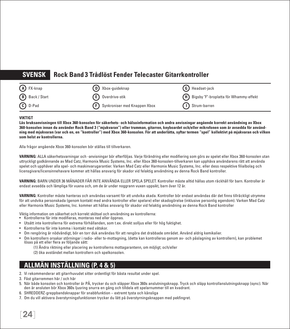 Svensk rock band, 3 trådlöst fender telecaster gitarrkontroller, Allmän inställning (p. 4 & 5) | Rock Band Wireless Fender Telecaster Guitar Controller Rock Band 3-Xbox 360 User Manual | Page 24 / 29