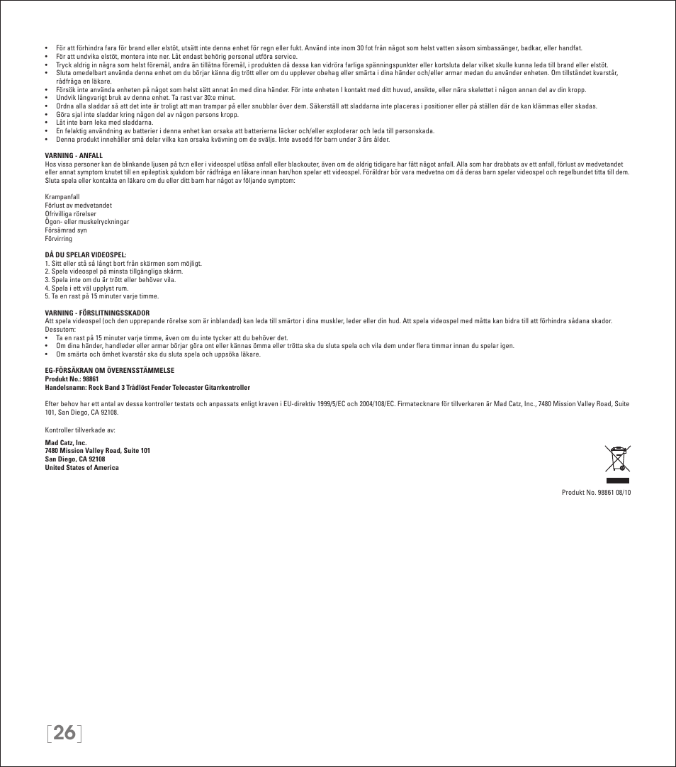 Rock Band Wireless Fender Telecaster Guitar Controller Rock Band 3-Xbox 360 User Manual | Page 26 / 29