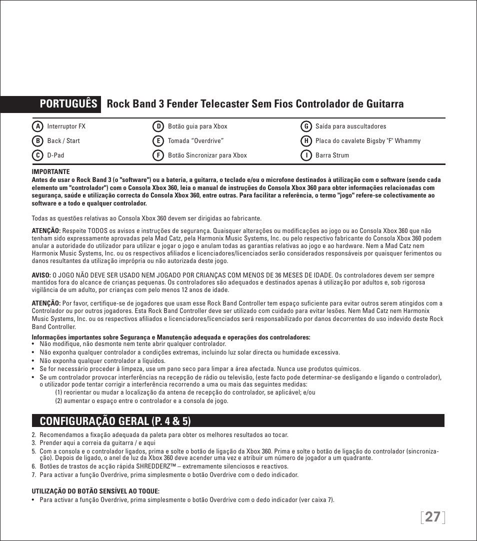 Configuração geral (p. 4 & 5) | Rock Band Wireless Fender Telecaster Guitar Controller Rock Band 3-Xbox 360 User Manual | Page 27 / 29