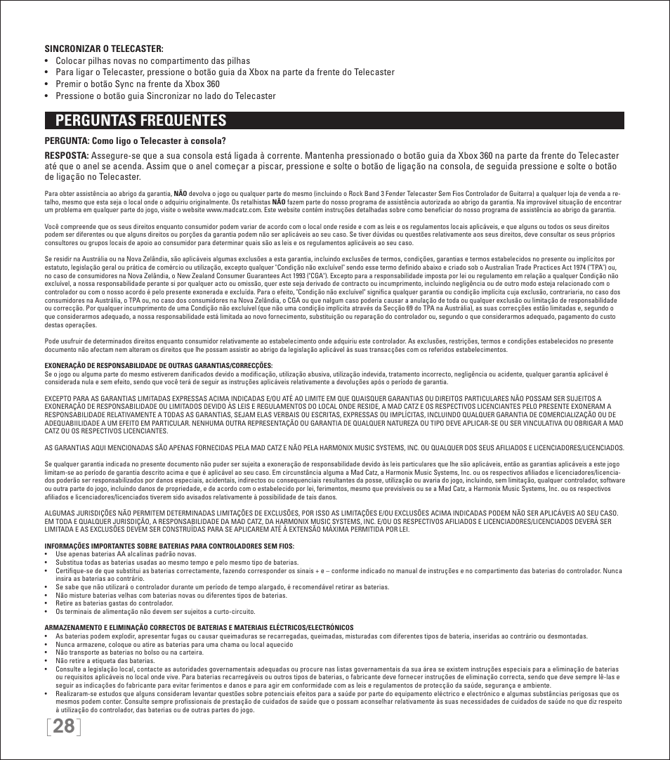 Perguntas frequentes | Rock Band Wireless Fender Telecaster Guitar Controller Rock Band 3-Xbox 360 User Manual | Page 28 / 29