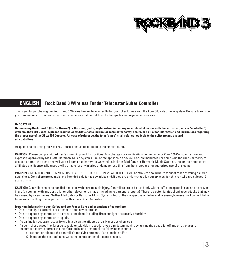 English, Rock band 3 wireless fender telecaster, Guitar controller | Rock Band Wireless Fender Telecaster Guitar Controller Rock Band 3-Xbox 360 User Manual | Page 3 / 29