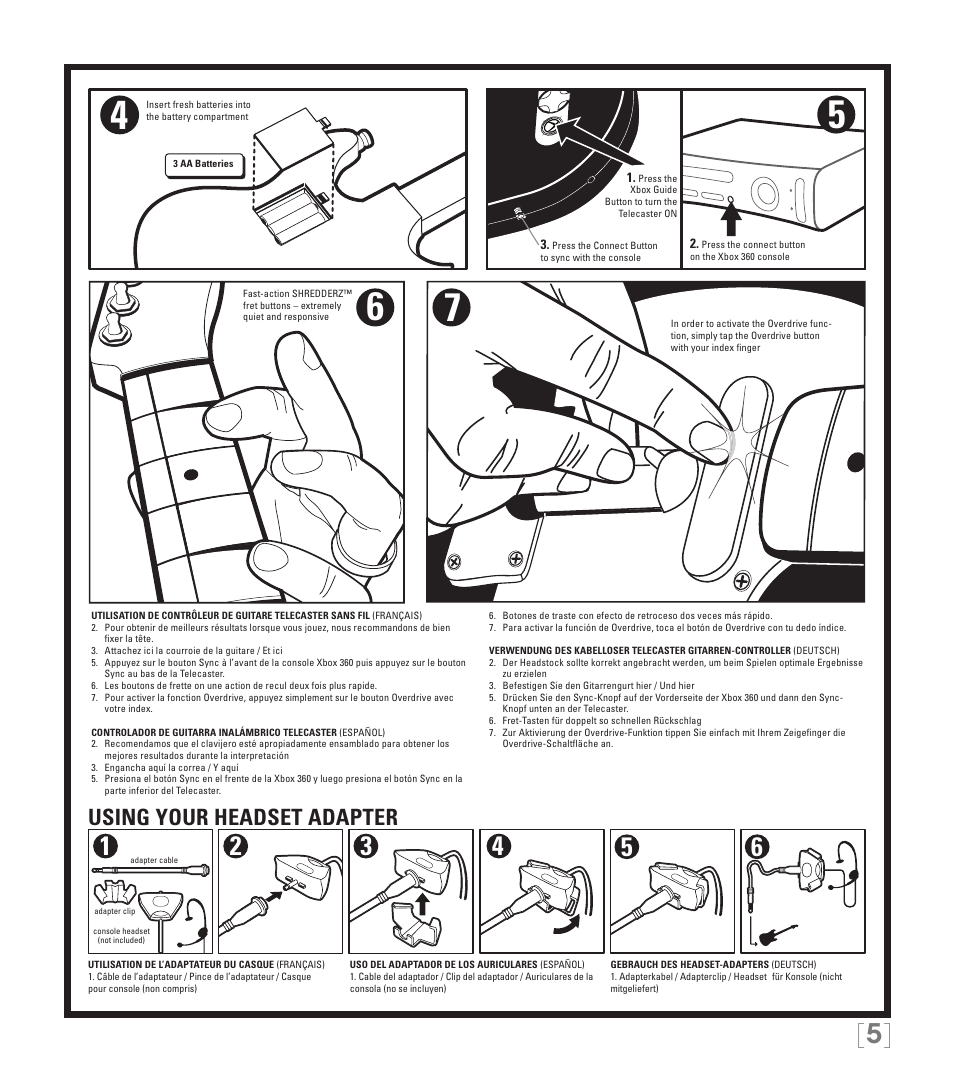 Using your headset adapter | Rock Band Wireless Fender Telecaster Guitar Controller Rock Band 3-Xbox 360 User Manual | Page 5 / 29