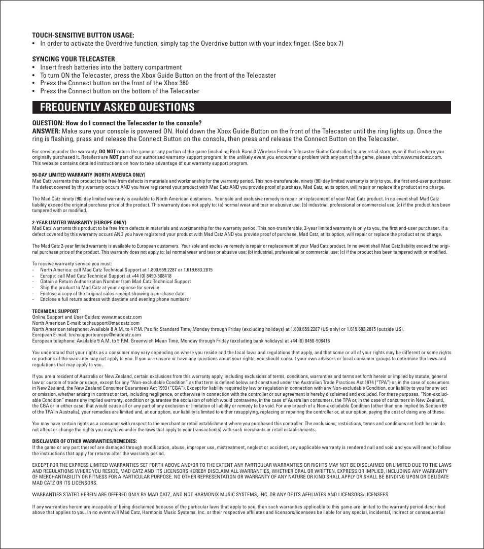 Frequently asked questions | Rock Band Wireless Fender Telecaster Guitar Controller Rock Band 3-Xbox 360 User Manual | Page 6 / 29