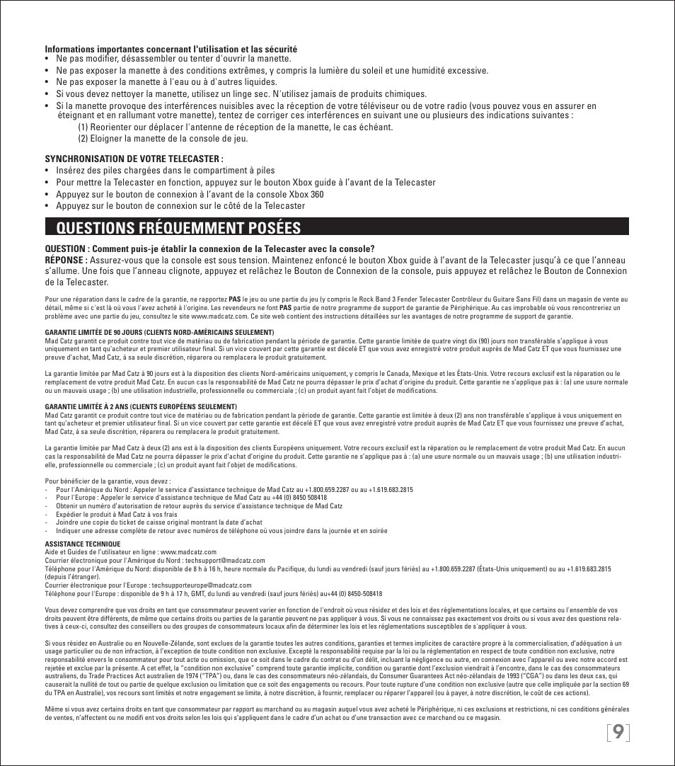 Questions fréquemment posées | Rock Band Wireless Fender Telecaster Guitar Controller Rock Band 3-Xbox 360 User Manual | Page 9 / 29