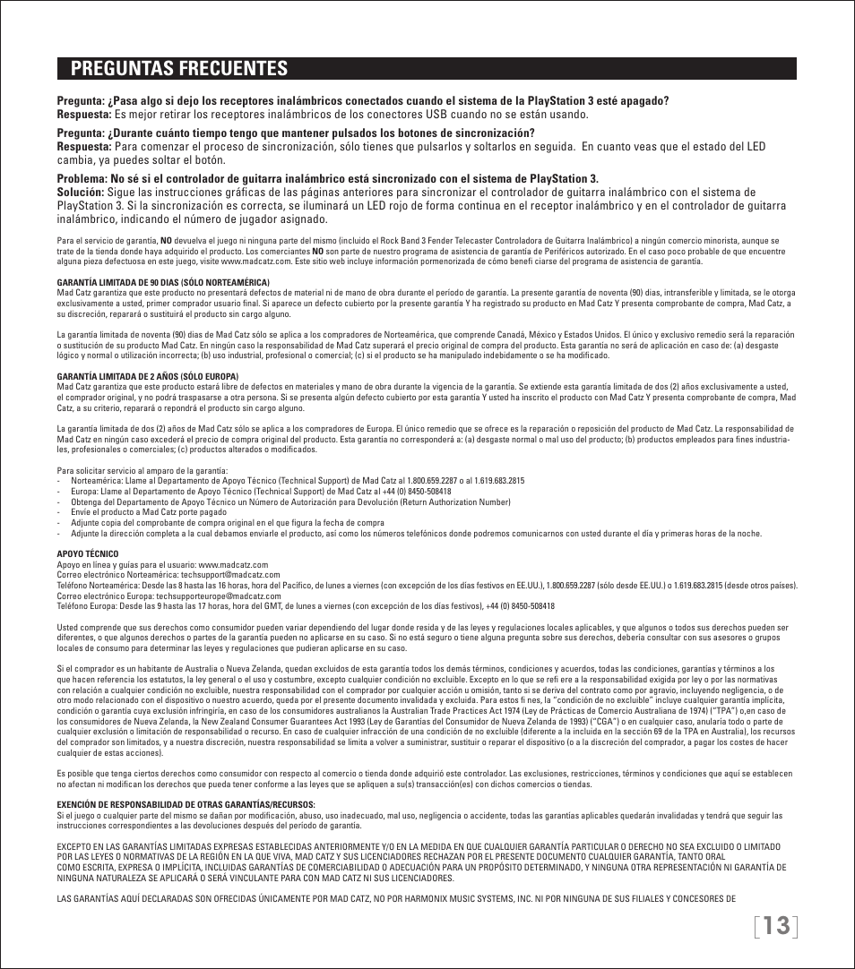 Preguntas frecuentes | Rock Band Wireless Fender Telecaster Guitar Controller Rock Band 3-PlayStation-3 User Manual | Page 13 / 28