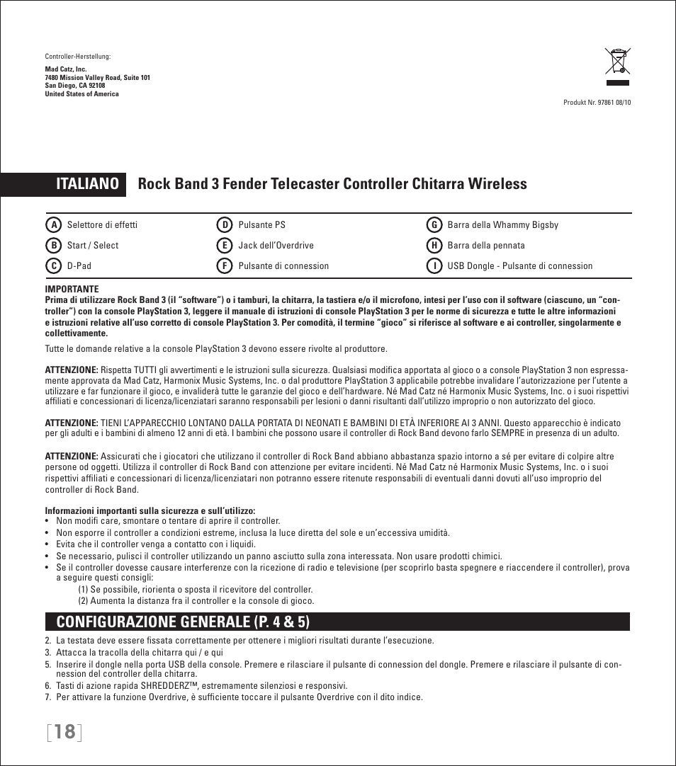 Configurazione generale (p. 4 & 5) | Rock Band Wireless Fender Telecaster Guitar Controller Rock Band 3-PlayStation-3 User Manual | Page 18 / 28