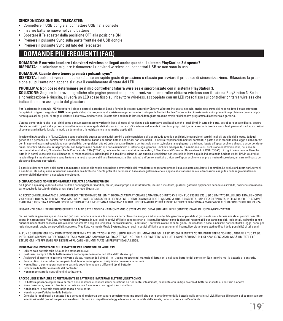 Domande più frequenti (faq) | Rock Band Wireless Fender Telecaster Guitar Controller Rock Band 3-PlayStation-3 User Manual | Page 19 / 28