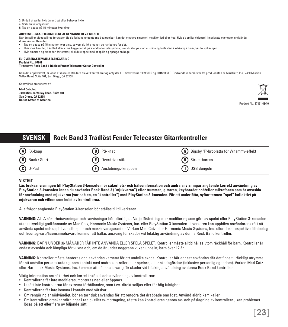 Svensk rock band, 3 trådlöst fender telecaster gitarrkontroller | Rock Band Wireless Fender Telecaster Guitar Controller Rock Band 3-PlayStation-3 User Manual | Page 23 / 28