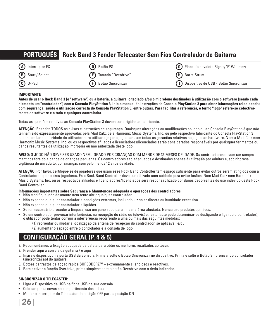Configuração geral (p. 4 & 5) | Rock Band Wireless Fender Telecaster Guitar Controller Rock Band 3-PlayStation-3 User Manual | Page 26 / 28