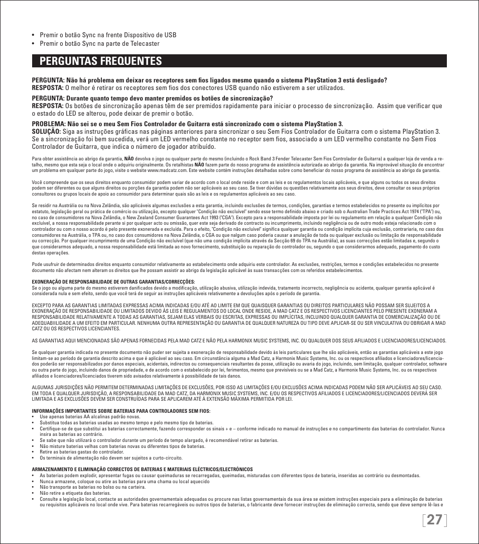 Perguntas frequentes | Rock Band Wireless Fender Telecaster Guitar Controller Rock Band 3-PlayStation-3 User Manual | Page 27 / 28