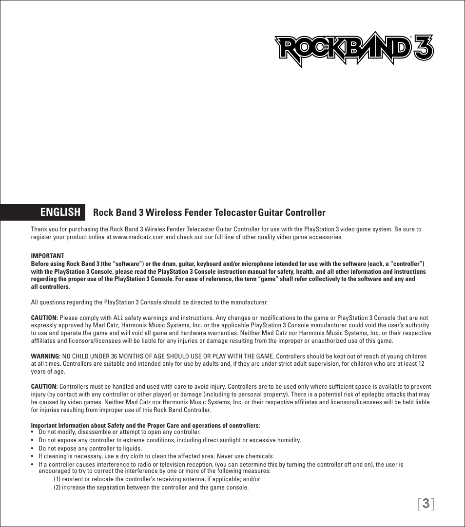 English, Rock band 3 wireless fender telecaster, Guitar controller | Rock Band Wireless Fender Telecaster Guitar Controller Rock Band 3-PlayStation-3 User Manual | Page 3 / 28