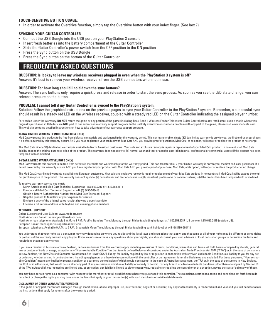 Frequently asked questions | Rock Band Wireless Fender Telecaster Guitar Controller Rock Band 3-PlayStation-3 User Manual | Page 6 / 28