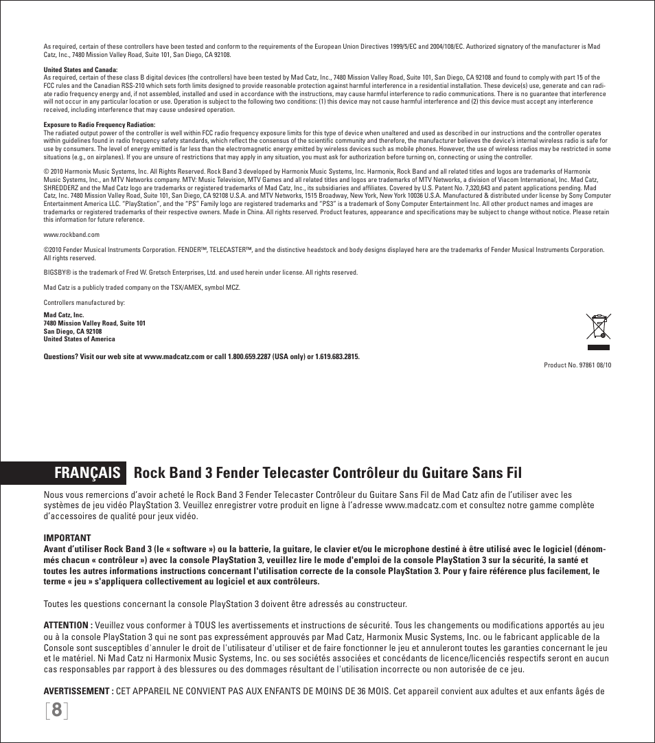 Rock Band Wireless Fender Telecaster Guitar Controller Rock Band 3-PlayStation-3 User Manual | Page 8 / 28