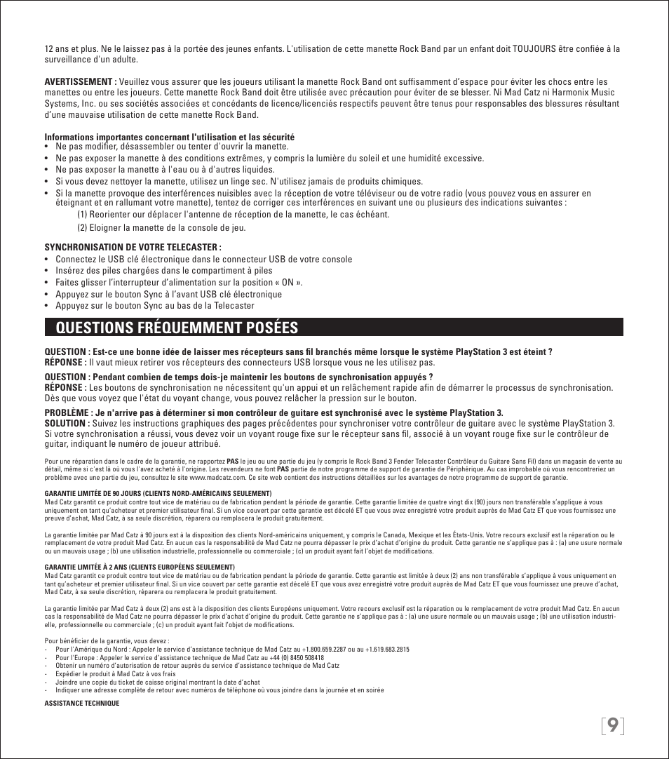 Questions fréquemment posées | Rock Band Wireless Fender Telecaster Guitar Controller Rock Band 3-PlayStation-3 User Manual | Page 9 / 28