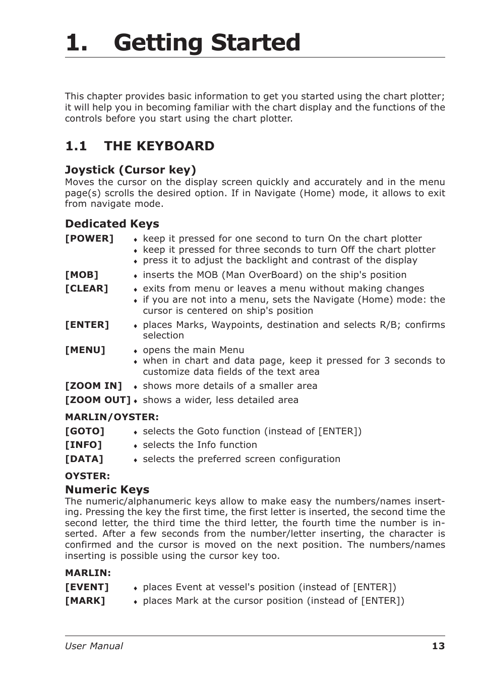 Getting started, 1 the keyboard, Joystick (cursor key) | Dedicated keys, Numeric keys | Seiwa Starfish 2nd Edition User Manual | Page 11 / 118