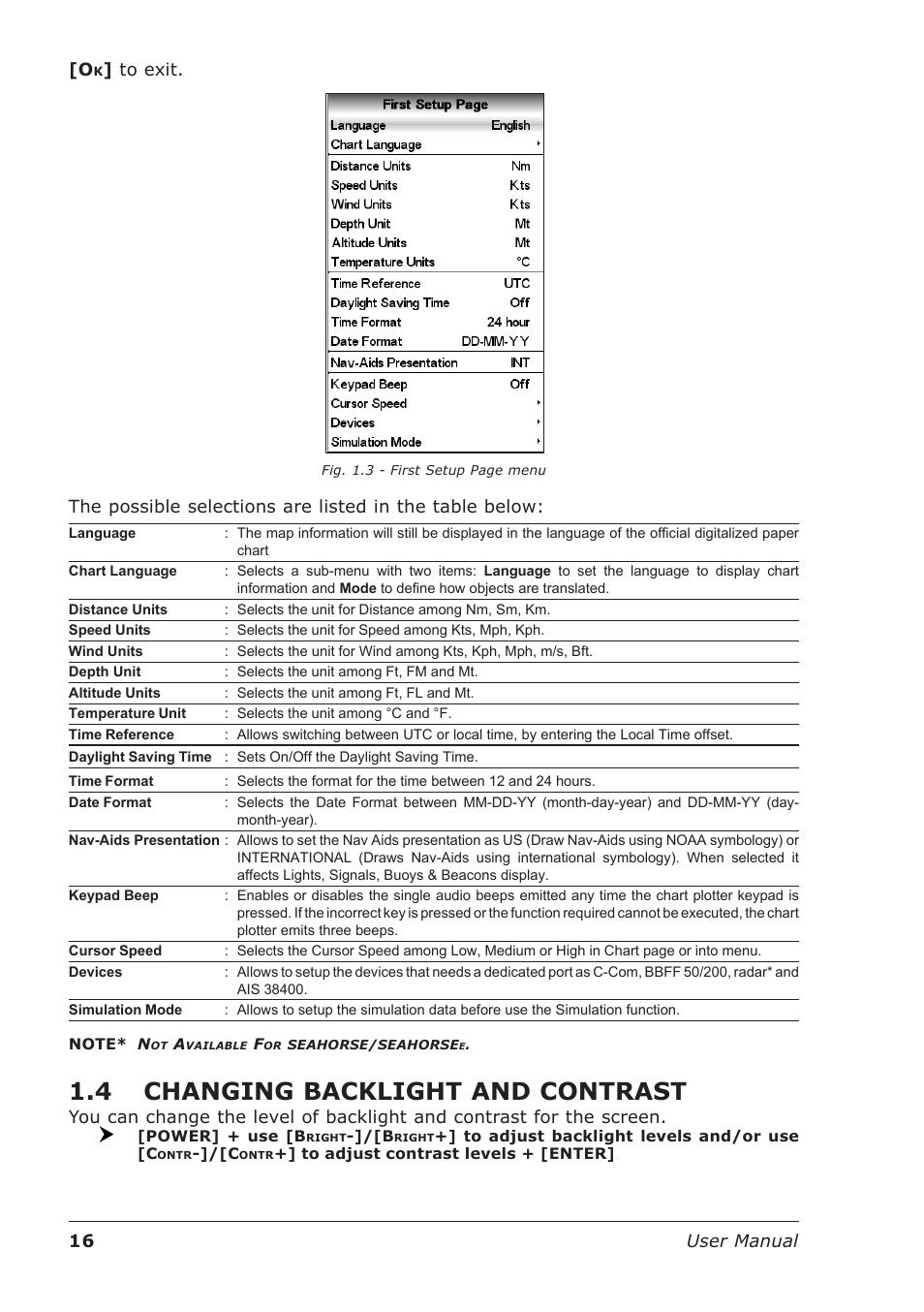4 changing backlight and contrast, 16 user manual [o | Seiwa Starfish 2nd Edition User Manual | Page 14 / 118