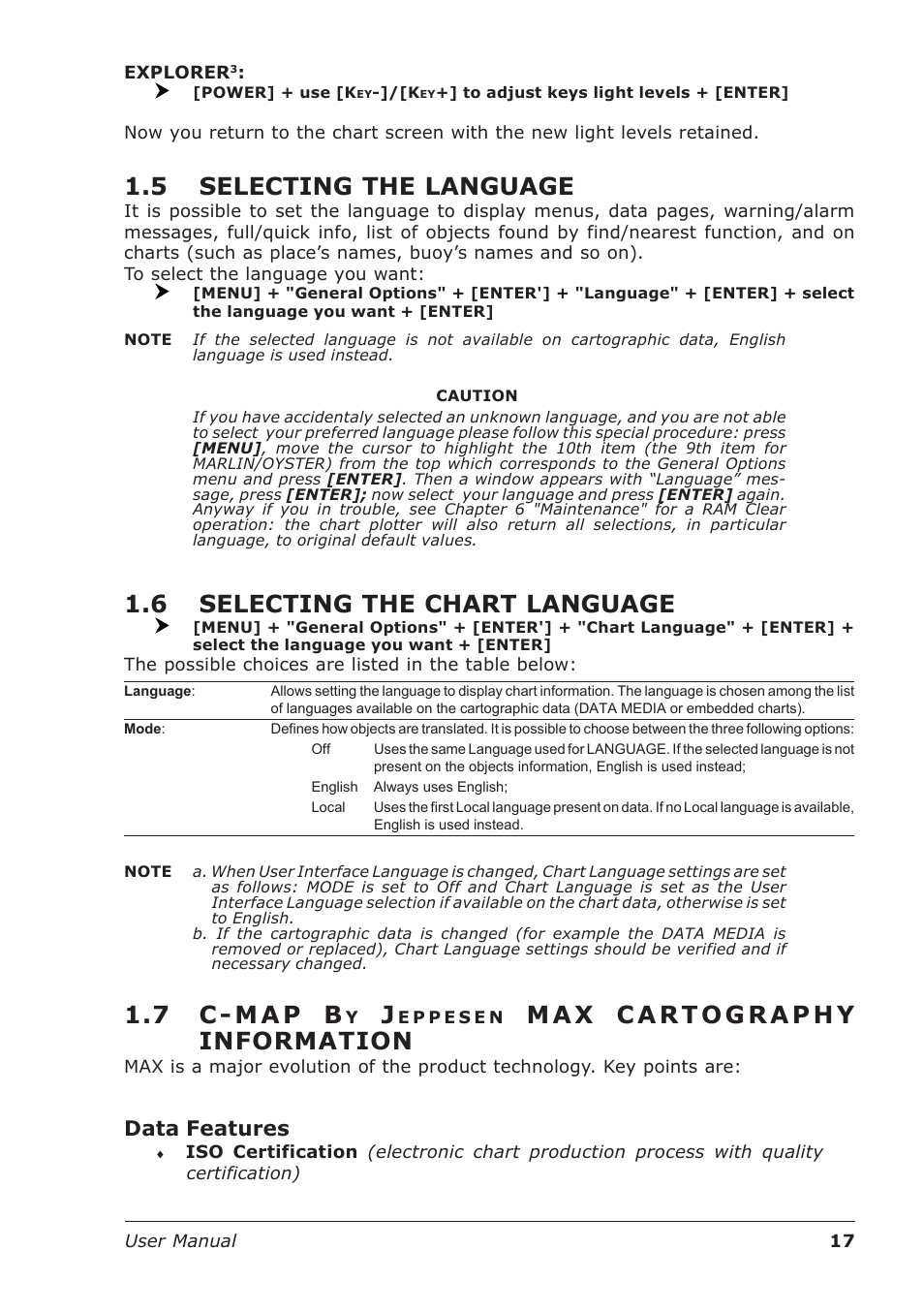 5 selecting the language, 6 selecting the chart language, 7 c - m a p b | Data features | Seiwa Starfish 2nd Edition User Manual | Page 15 / 118