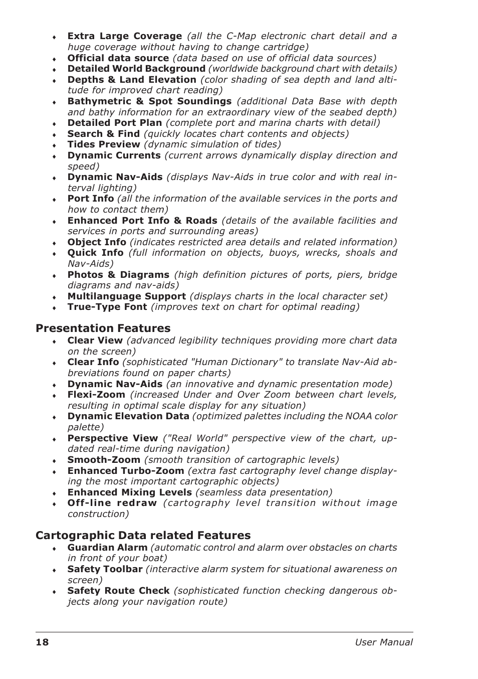 Presentation features, Cartographic data related features | Seiwa Starfish 2nd Edition User Manual | Page 16 / 118