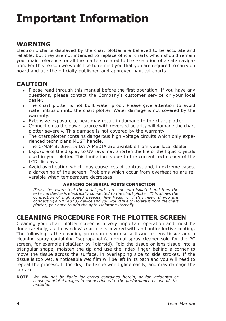 Important information, Warning, Caution | Cleaning procedure for the plotter screen | Seiwa Starfish 2nd Edition User Manual | Page 2 / 118