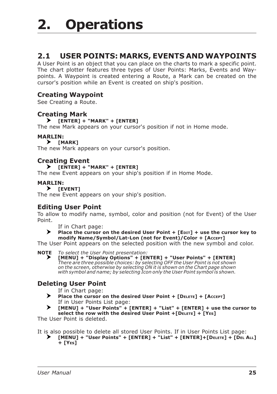 Operations, 1 user points: marks, events and waypoints, Creating waypoint | Creating mark, Creating event, Editing user point, Deleting user point | Seiwa Starfish 2nd Edition User Manual | Page 23 / 118