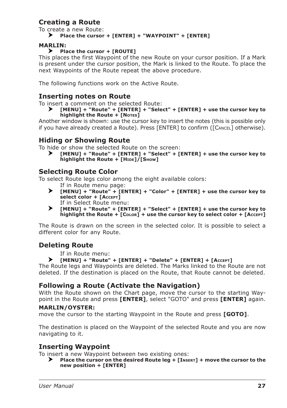 Creating a route, Hiding or showing route, Selecting route color | Deleting route, Following a route (activate the navigation), Inserting waypoint | Seiwa Starfish 2nd Edition User Manual | Page 25 / 118