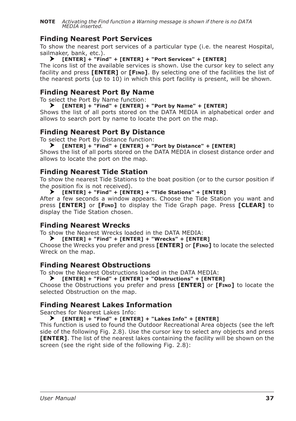 Finding nearest port services, Finding nearest port by name, Finding nearest port by distance | Finding nearest tide station, Finding nearest wrecks, Finding nearest obstructions, Finding nearest lakes information | Seiwa Starfish 2nd Edition User Manual | Page 35 / 118