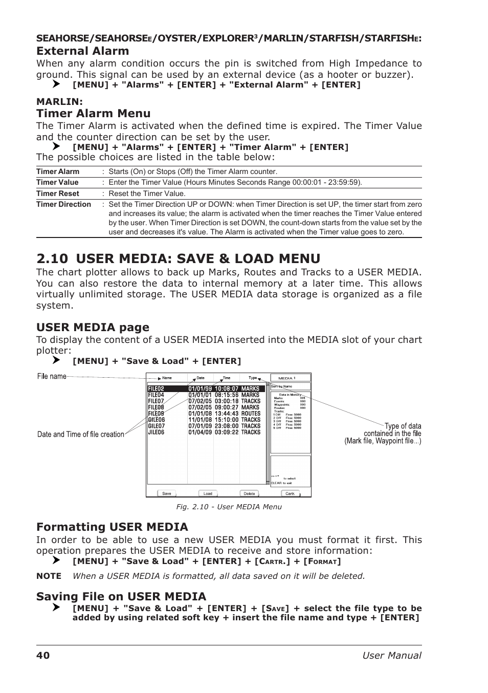 10 user media: save & load menu, External alarm, Timer alarm menu | User media page, Formatting user media, Saving file on user media | Seiwa Starfish 2nd Edition User Manual | Page 38 / 118