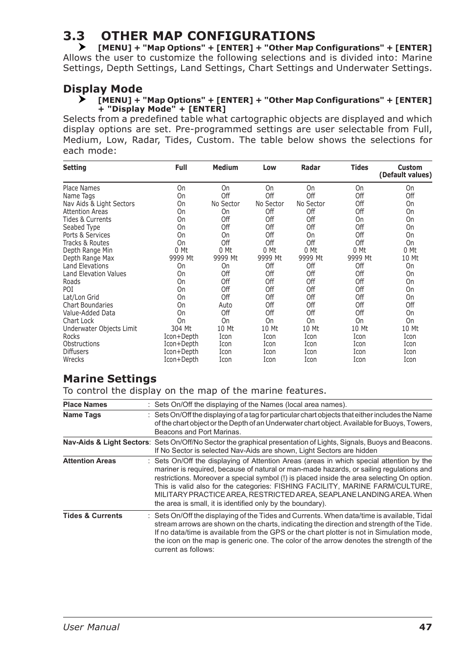 3 other map configurations, Display mode, Marine settings | 47 user manual | Seiwa Starfish 2nd Edition User Manual | Page 45 / 118