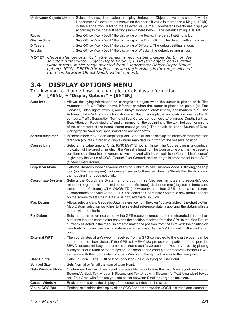4 display options menu, 49 user manual | Seiwa Starfish 2nd Edition User Manual | Page 47 / 118