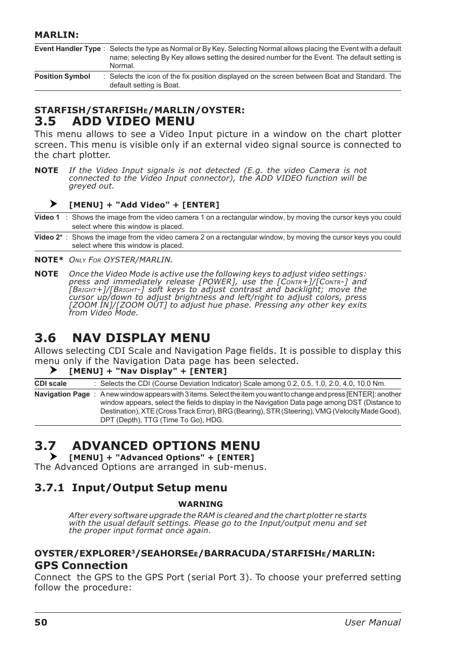 5 add video menu, 6 nav display menu, 7 advanced options menu | 1 input/output setup menu, Gps connection | Seiwa Starfish 2nd Edition User Manual | Page 48 / 118