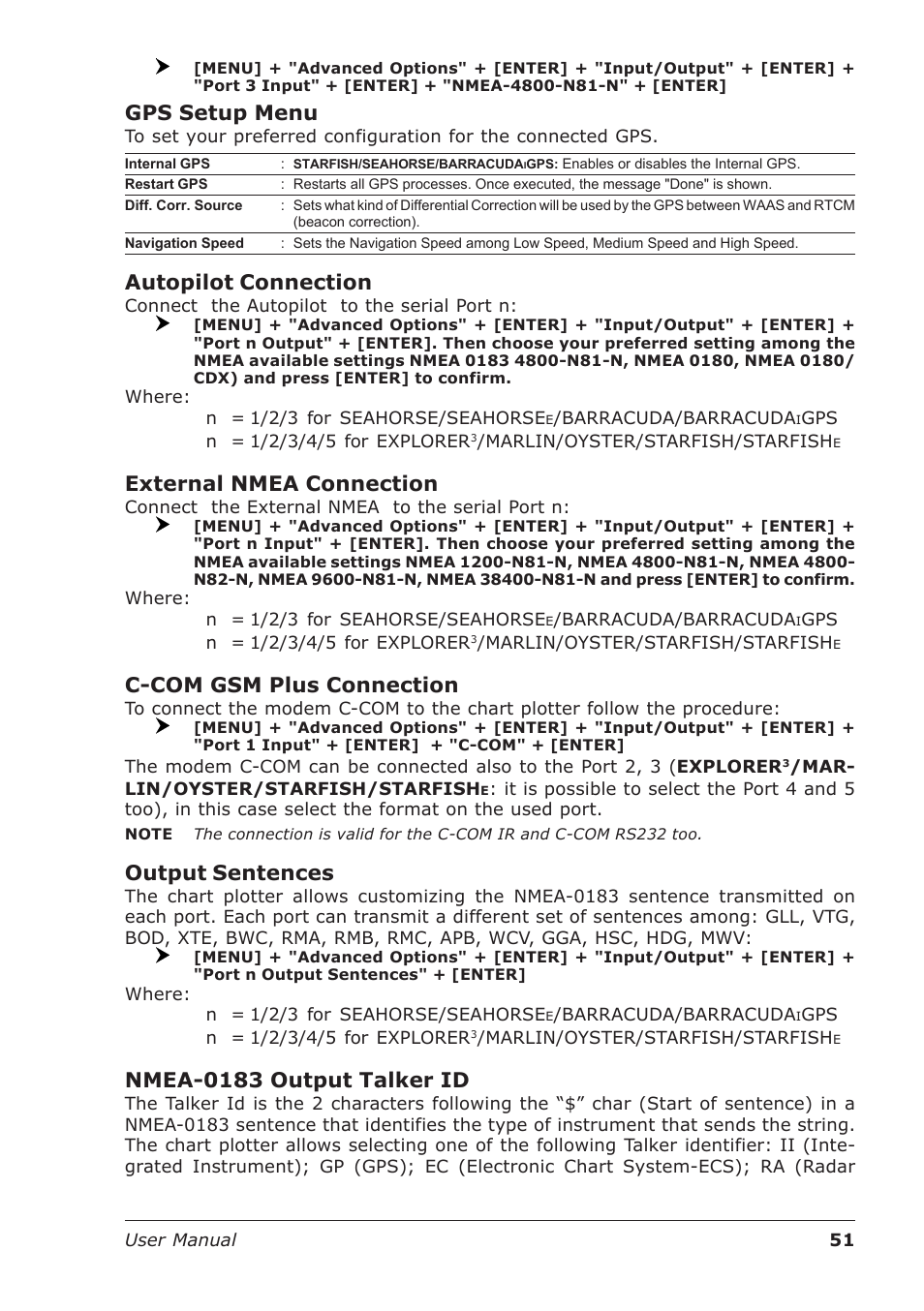 Gps setup menu, Autopilot connection, External nmea connection | C-com gsm plus connection, Output sentences, Nmea-0183 output talker id | Seiwa Starfish 2nd Edition User Manual | Page 49 / 118