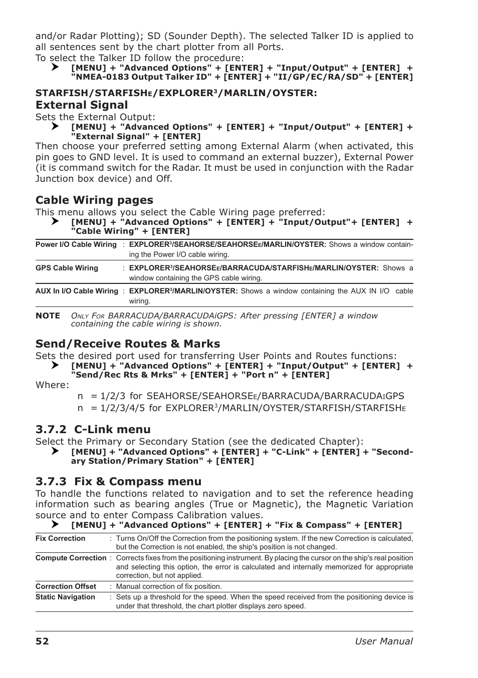 External signal, Cable wiring pages, Send/receive routes & marks | 2 c-link menu, 3 fix & compass menu | Seiwa Starfish 2nd Edition User Manual | Page 50 / 118