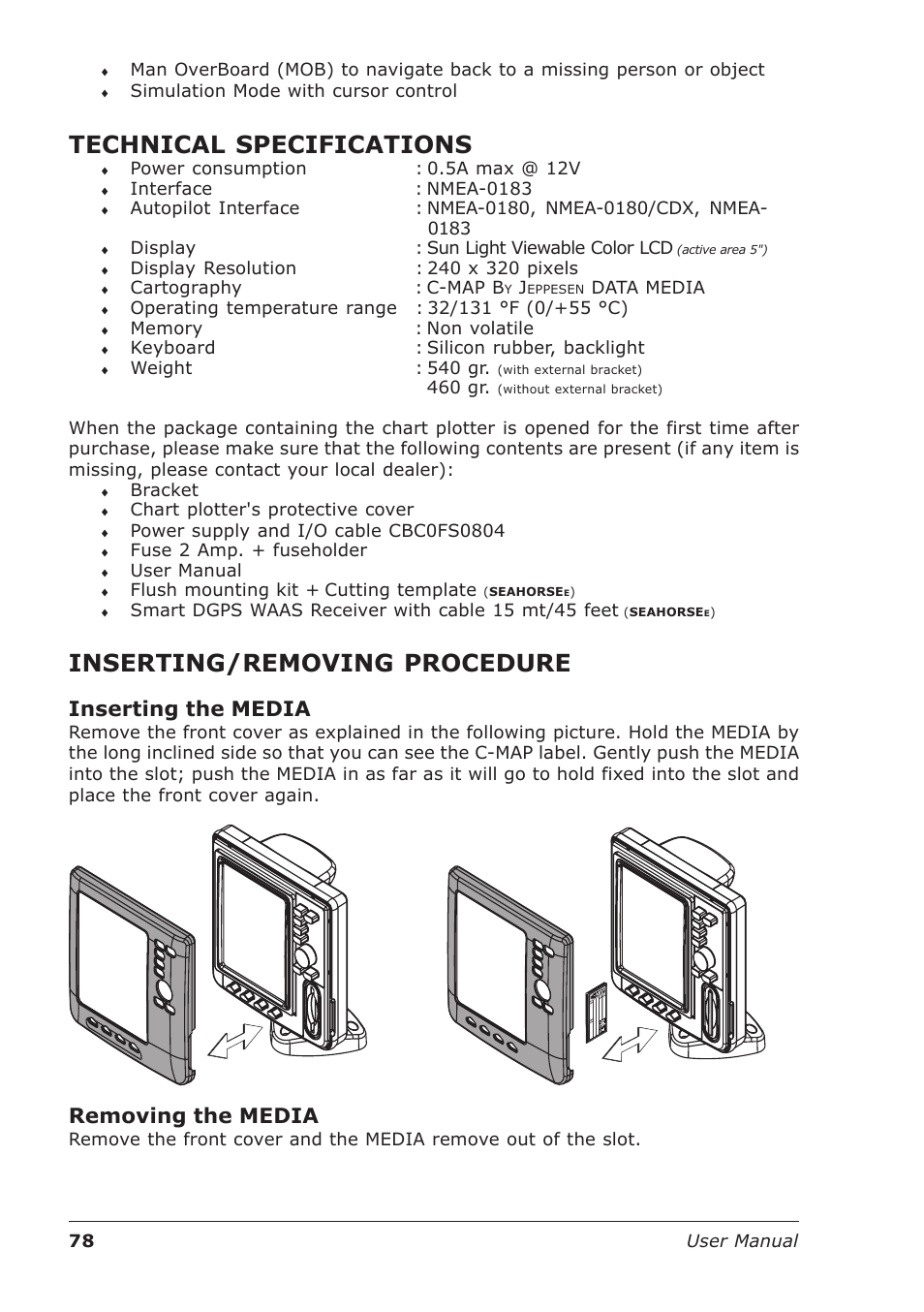 Technical specifications, Inserting/removing procedure, Inserting the media | Removing the media | Seiwa Starfish 2nd Edition User Manual | Page 76 / 118
